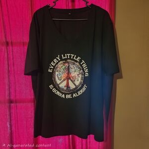 Hot Topic Black Short Sleeve V-Neck Tee with Peace Sign Graphic